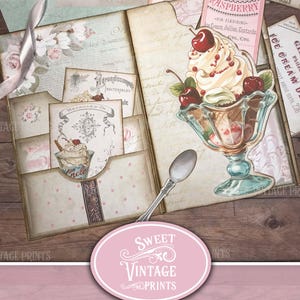 May include: A vintage-style pocket folder with a pink and white floral design. The folder has a pocket on the front with a cutout of a vintage ice cream sundae with cherries. The folder has the text "The Ice Cream Shop" and "Pocket Folder" printed on the front.