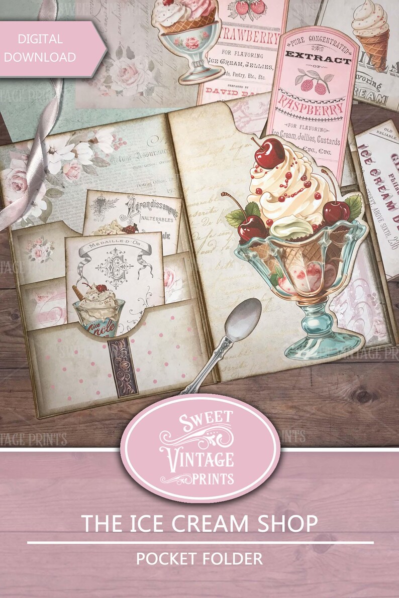 May include: A vintage-style pocket folder with a pink and white floral design. The folder has a pocket on the front with a cutout of a vintage ice cream sundae with cherries. The folder has the text "The Ice Cream Shop" and "Pocket Folder" printed on the front.