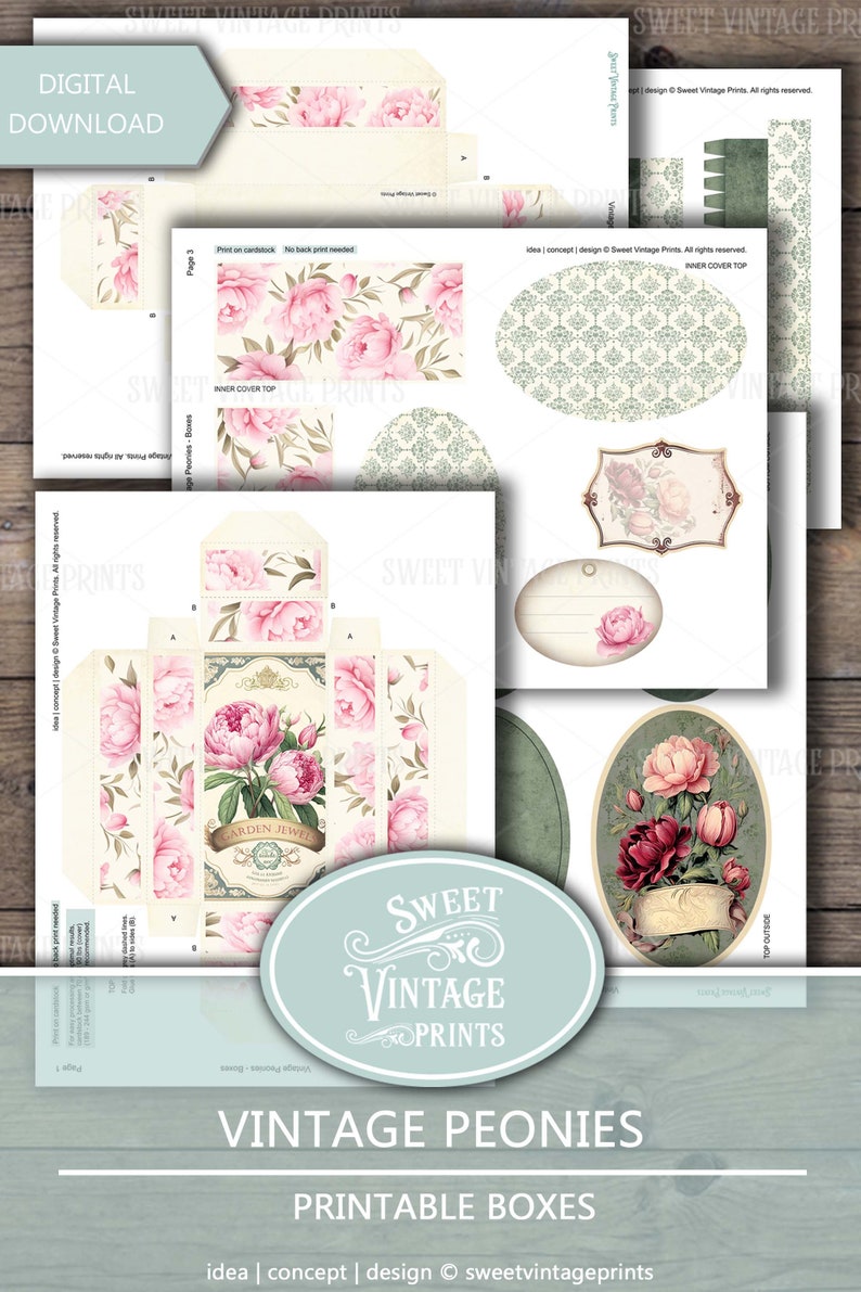 Pode incluir: Download digital de caixas imprim&iacute;veis com designs de pe&oacute;nias vintage. As caixas t&ecirc;m um fundo creme com padr&otilde;es florais de pe&oacute;nias cor-de-rosa. Inclui v&aacute;rias formas de caixas e elementos decorativos.