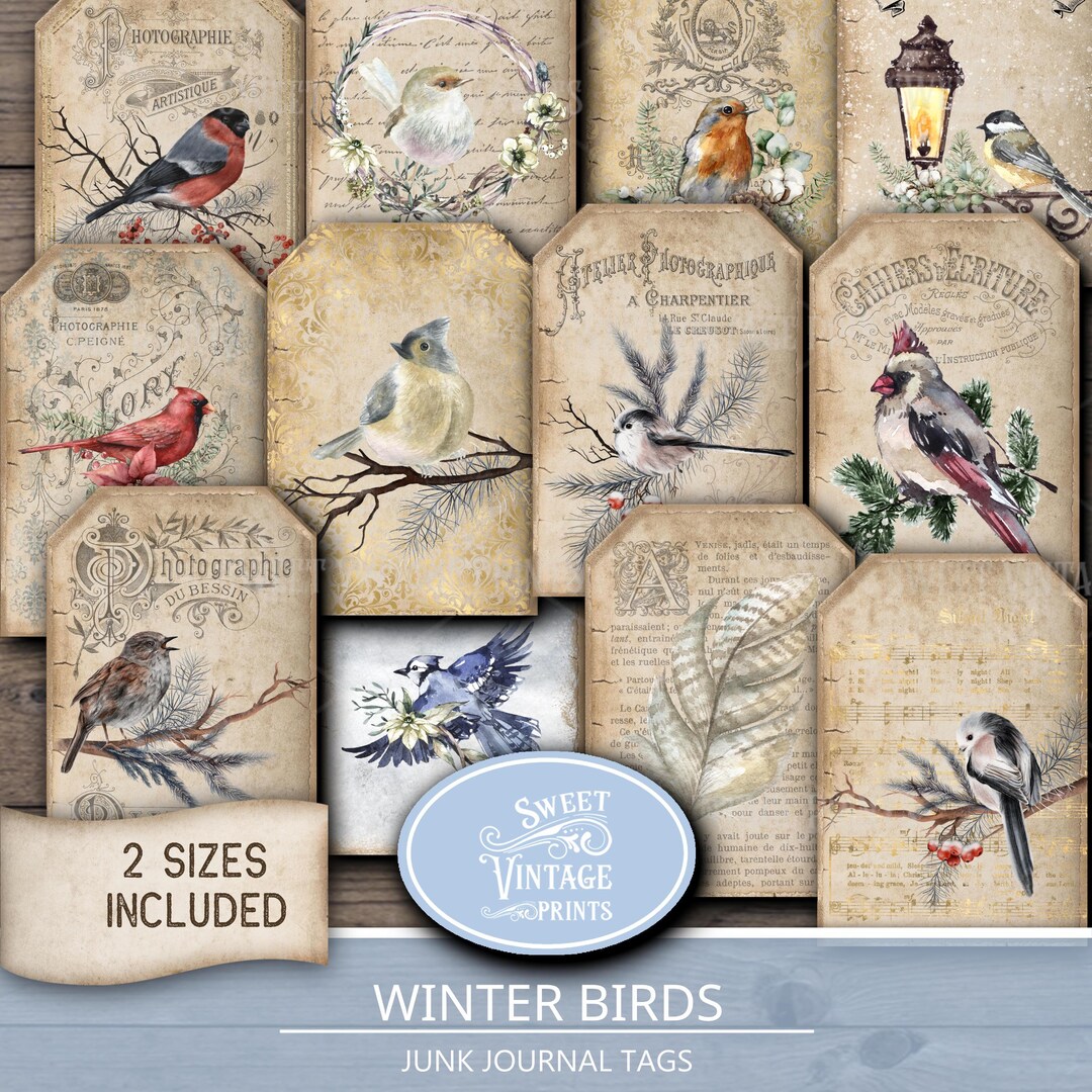 Vintage Winter Bird Tags | Christmas Junk Journal Ephemera | Printable ...
