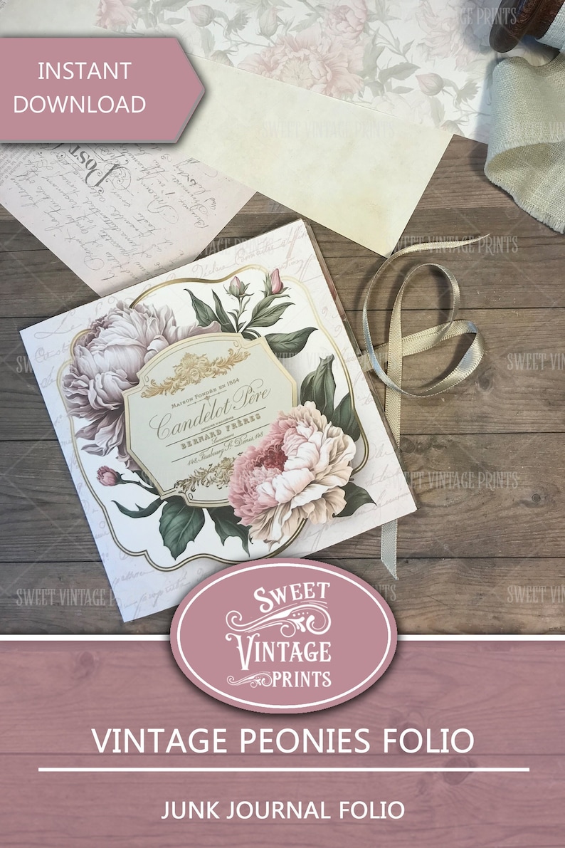 Op de afbeelding: Een vintage bloemenprint met roze pioenen en een gouden label met de tekst "Candelot Pere Bernard Fr&egrave;res" en "Maison Fond&eacute;e en 1884". De print is op een witte achtergrond en is perfect voor scrapbooking, junk journaling of andere knutselprojecten.