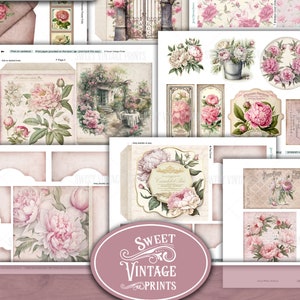 Op de afbeelding: Een digitale printbare junk journal folio met vintage illustraties van roze pioenen. De folio bevat een verscheidenheid aan afbeeldingen, waaronder een poort, een tuinsc&egrave;ne, een theekopje en een bloemenpatroon. De tekst "Vintage Peonies Folio" en "Junk Journal Folio" staat onderaan de afbeelding gedrukt.