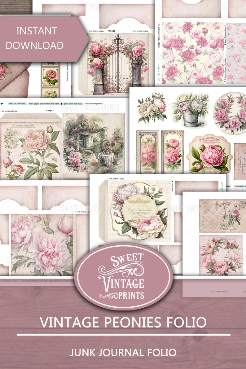 Op de afbeelding: Een digitale printbare junk journal folio met vintage illustraties van roze pioenen. De folio bevat een verscheidenheid aan afbeeldingen, waaronder een poort, een tuinsc&egrave;ne, een theekopje en een bloemenpatroon. De tekst "Vintage Peonies Folio" en "Junk Journal Folio" staat onderaan de afbeelding gedrukt.