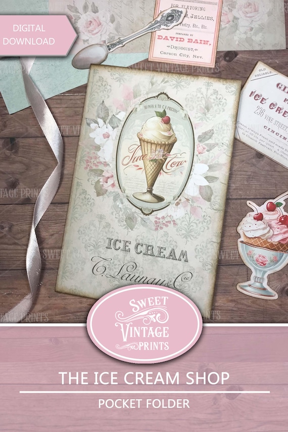 Ice Cream Printable Pocket Folder | Digital Download Ice Cream | Vintage Icecream Parlor | sweetvintageprints ics