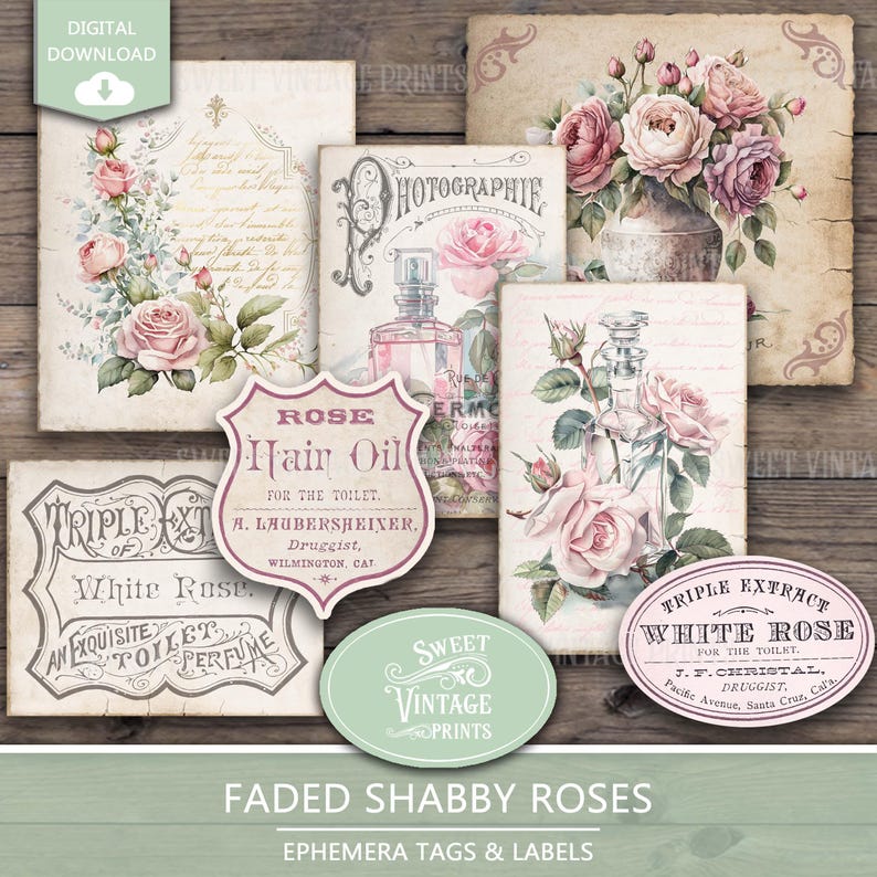 Shabby Rose Junk Journal Ephemera | Pink Flowers Printable Tags ...