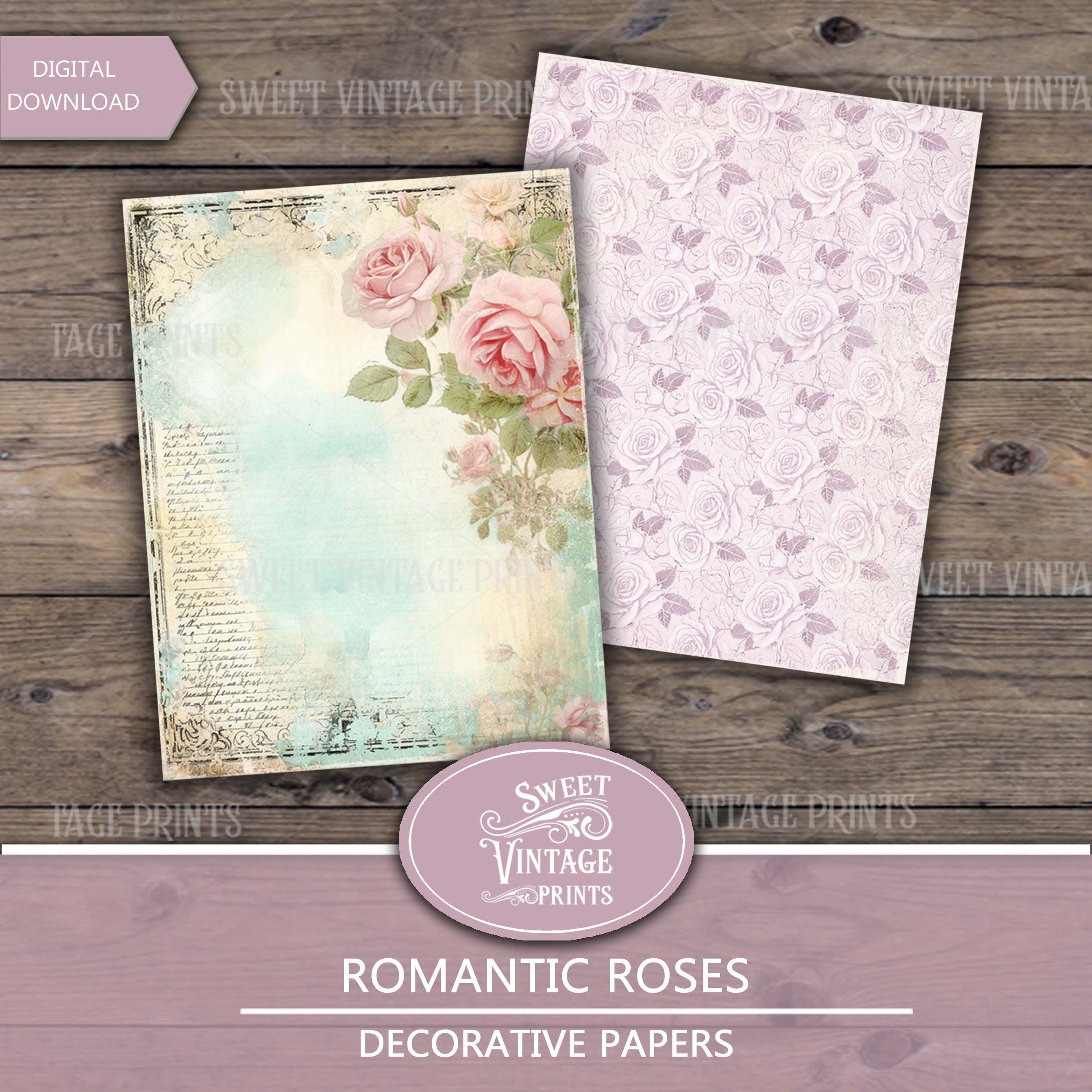 Shabby Rose Digital Paper Pack, Romantic Roses Printable Paper, Rose ...