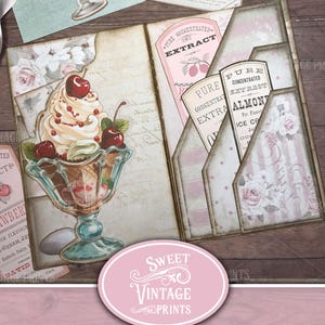 May include: A printable pocket folder with a vintage ice cream theme. The folder features a pink and white floral design with a vintage ice cream sundae illustration. The text "The Ice Cream Shop" and "Pocket Folder" are printed on the front of the folder.