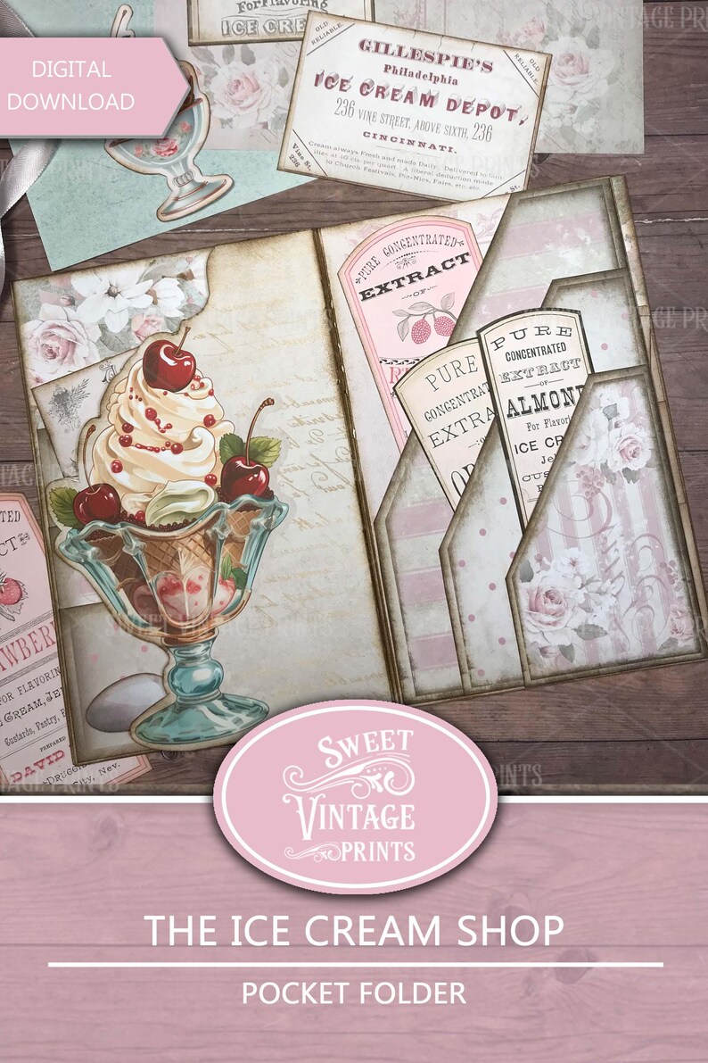May include: A printable pocket folder with a vintage ice cream theme. The folder features a pink and white floral design with a vintage ice cream sundae illustration. The text "The Ice Cream Shop" and "Pocket Folder" are printed on the front of the folder.