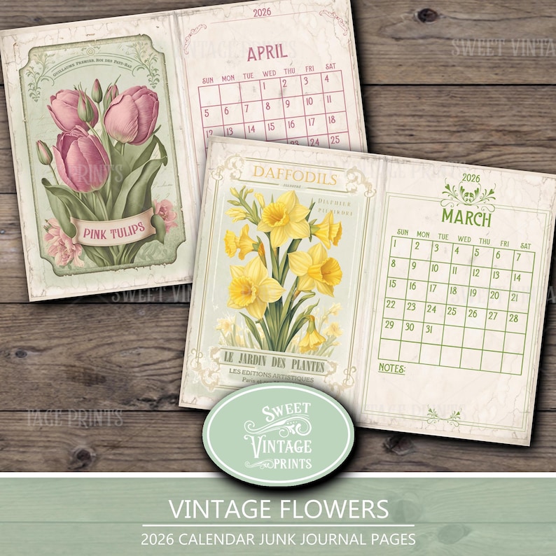 K&ouml;nnte beinhalten: Vintage Kalenderseiten f&uuml;r 2026 mit Illustrationen von rosa Tulpen und gelben Narzissen. Die Seiten zeigen die Monate April und M&auml;rz. Ein ovales Logo zeigt "Sweet Vintage Prints". Der Text "Vintage Flowers" und "2026 Calendar Junk Journal Pages" sind ebenfalls sichtbar.