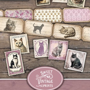 May include: A digital ephemera pack with a vintage theme, featuring cat illustrations on postage stamp designs. The design includes the text "Instant Download", "Sweet Vintage Prints", "Cat Lover's Journal", and "Ephemera Pack". The background is a rustic wood texture.