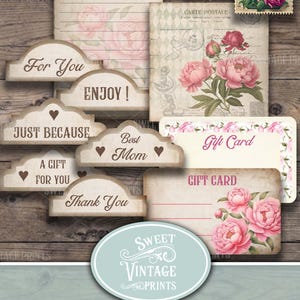 May include: Printable gift card holder with a vintage floral design featuring pink peonies. The holder includes several different labels with text such as "For You", "Enjoy!" and "Just Because".