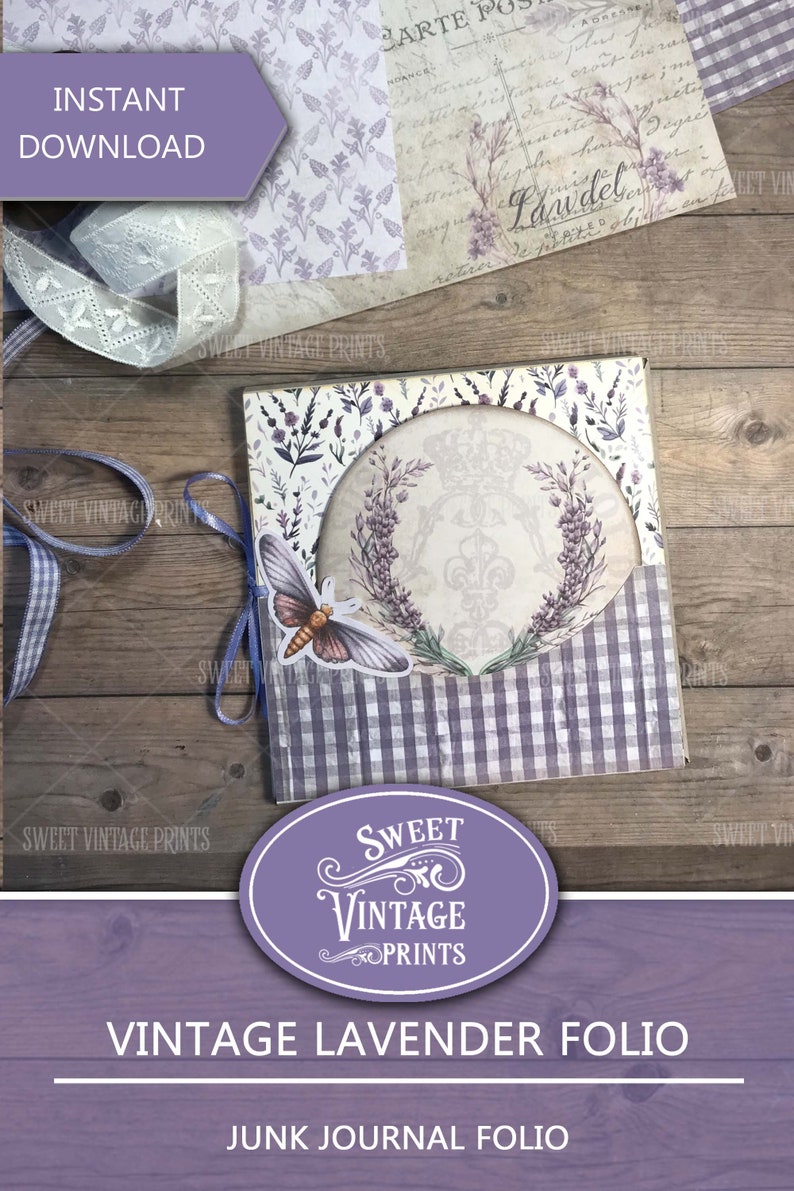 May include: A purple and white junk journal folio with a lavender theme. The folio features a round window with a floral design and a butterfly. The text "Vintage Lavender Folio" and "Junk Journal Folio" is printed on the front.