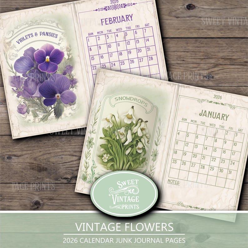 K&ouml;nnte beinhalten: Vintage Junk Journal Seiten mit Blumenillustrationen und 2026 Kalendern. Die Seiten zeigen Stiefm&uuml;tterchen, Schneegl&ouml;ckchen und Kalendermonate. Das Design enth&auml;lt den Text "Sweet Vintage Prints" und "Vintage Flowers".