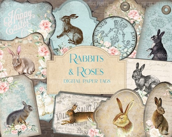 Rabbits & Roses, Tags, Easter Tags, Rabbit Labels, Easter Bunnies, Tag flip, junk journal, easter ephemera, digital, download, printable