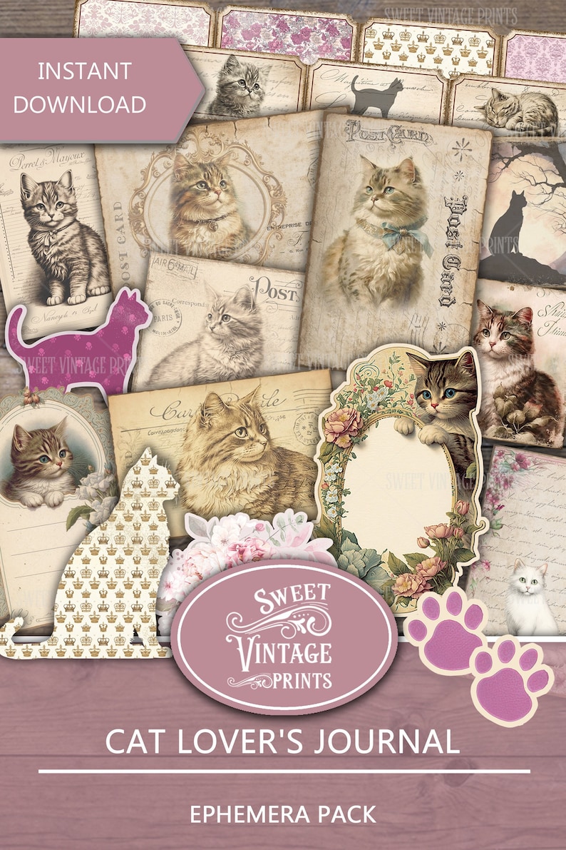Cat Lover's Junk Journal Ephemera Kit, Cat Ephemera Pack, Cat Junk ...