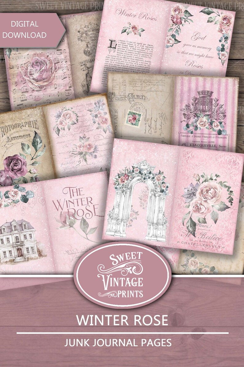 Winter Rose, Junk Journal Pages, Christmas Roses, Pink Christmas, Vintage, Winter Journal, Ephemera, Journal Papers, Download, printable image 1
