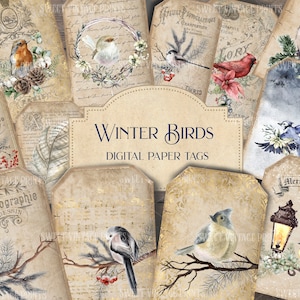 Oiseaux d'hiver, étiquettes vintage pour oiseaux de Noël, journal de Noël, étiquettes, étiquette à rabat, journal indésirable, éphémère, numérique, minable, téléchargement, imprimable