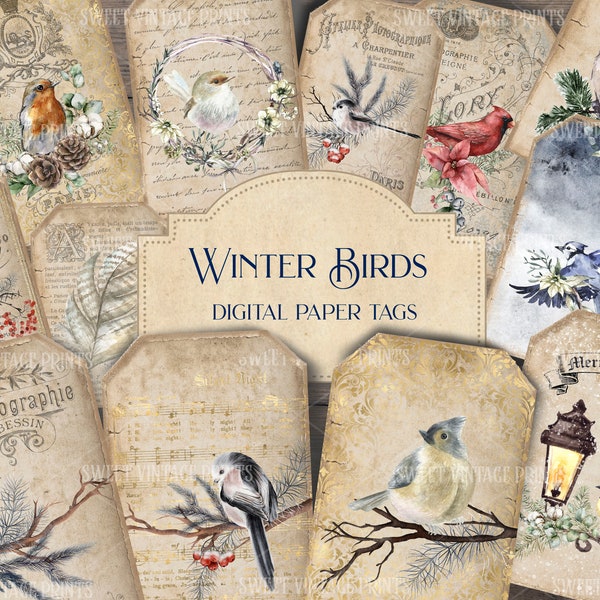 Winter Birds, Vintage Christmas Bird Tags, Christmas Journal, Labels, Tag flip, junk journal, ephemera, digital, Shabby, download, printable