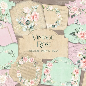Rose vintage, rose, etichette, etichette di fiori, tag flip, diario spazzatura, effimeri, digitale, download istantaneo, rose shabby, documenti, stampabile