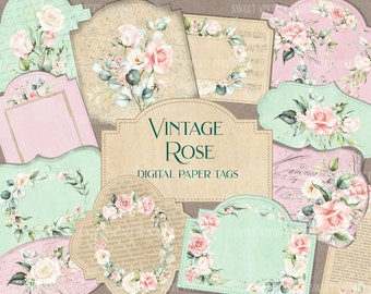 vintage Rose, Roses, Tags, Flower Labels, Tag flip, junk journal, éphémères, numérique, téléchargement instantané, Shabby Roses, Papiers, imprimable