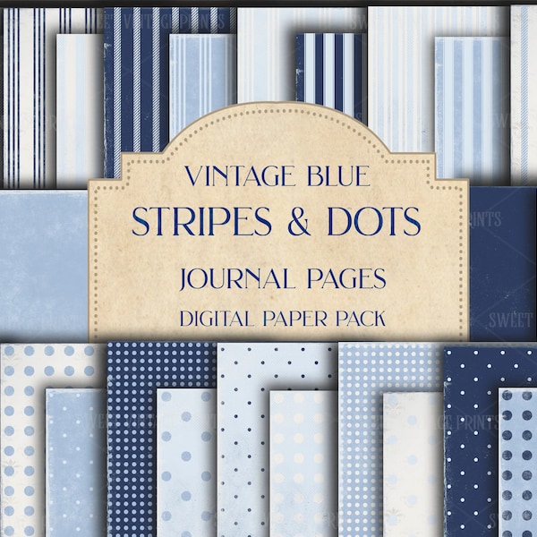 Stripes & Dots Journal Pages, Blue Digital Paper, Vintage Blue Paper, Blue Paper Kit, Versatile Paper Pack, digital, Download, printable