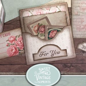 May include: A printable gift card holder with a vintage floral design featuring peonies. The holder has a pocket for a gift card and a label that says "For You".