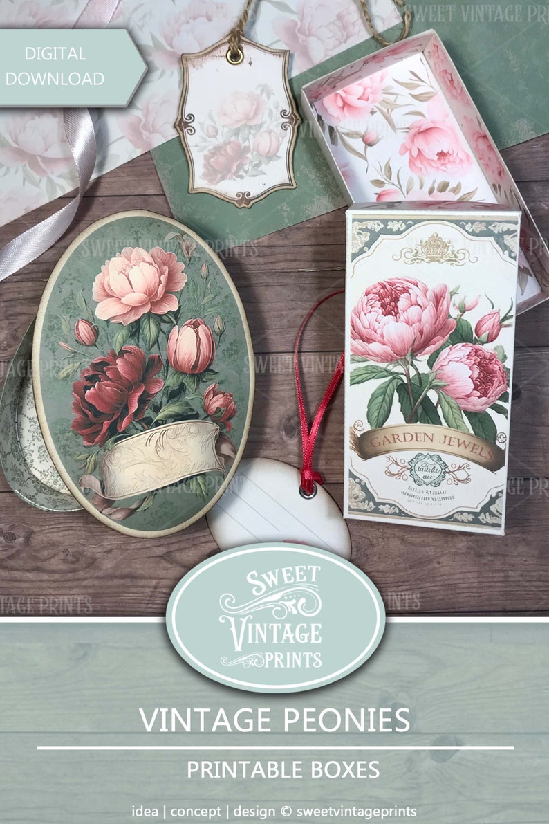 Pode incluir: Uma variedade de caixas e etiquetas imprim&iacute;veis em estilo vintage com desenhos florais de pe&oacute;nias. As caixas e etiquetas s&atilde;o de v&aacute;rias formas e tamanhos, com uma paleta de cores rosa, verde e creme. O texto "Vintage Peonies Printable Boxes" &eacute; vis&iacute;vel.