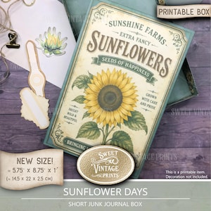 May include: A rectangular box featuring a vintage-style label with a large yellow sunflower illustration and the text Sunshine Farms Extra Fancy Sunflowers Seeds of Happiness. The box measures 5.75 inches by 8.75 inches by 1 inch.
