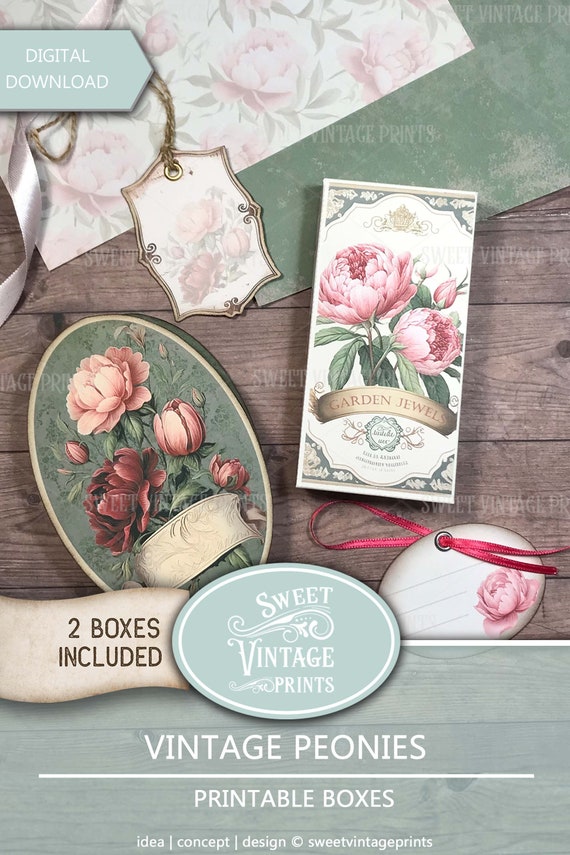 Printable Boxes Peonies | Vintage Peony Gift Box Set | DIY Paper box digital download | Sweetvintageprints pns