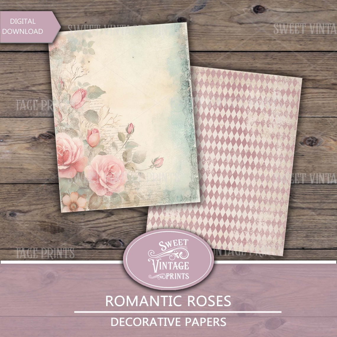 Shabby Rose Digital Paper Pack, Romantic Roses Printable Paper, Rose ...