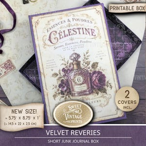 May include: A rectangular box with a cream-coloured lid featuring a vintage-style perfume bottle illustration, purple floral accents, and the text Essences & Poudres Célestine. The box measures 14.5 cm by 22 cm by 2.5 cm.