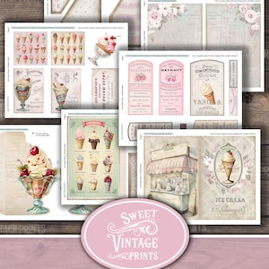 May include: A digital download of printable vintage-style ice cream shop images. The images feature ice cream cones, sundaes, and a storefront with the text "GILLESPIE'S ICE CREAM DEPOT" and "ICE CREAM Launay & Co."