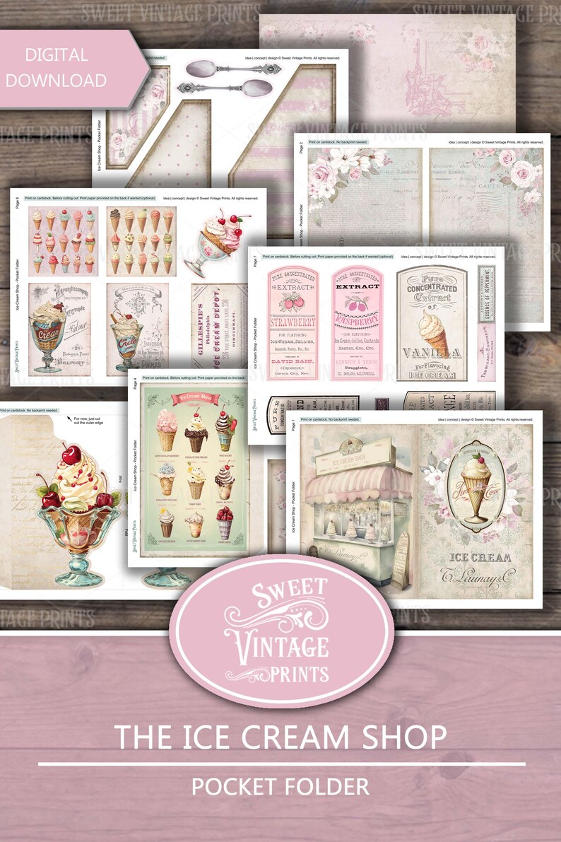 May include: A digital download of printable vintage-style ice cream shop images. The images feature ice cream cones, sundaes, and a storefront with the text "GILLESPIE'S ICE CREAM DEPOT" and "ICE CREAM Launay & Co."