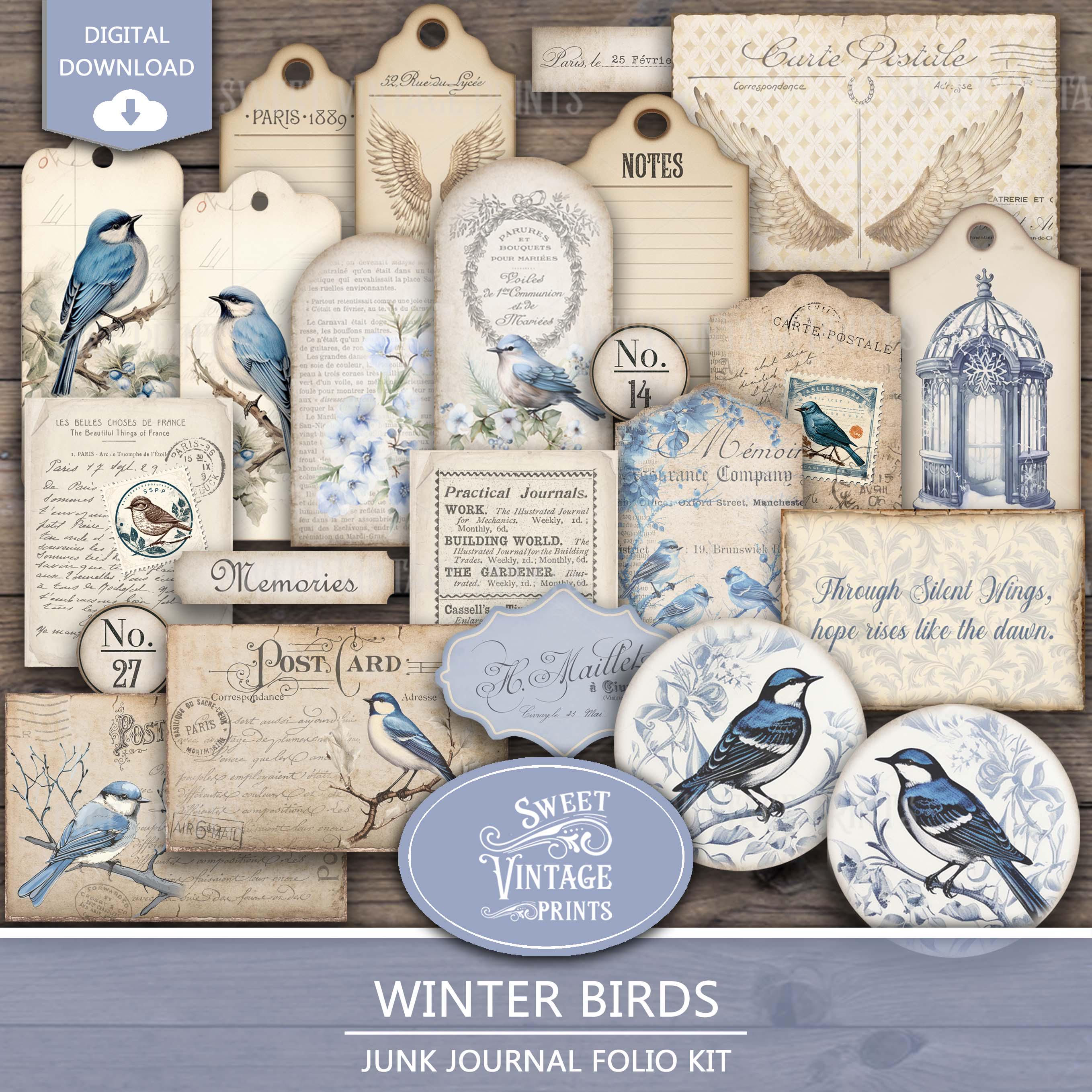 Junk Journal Folio Kit Birds | Vintage Printable Folio Kit | Winter ...