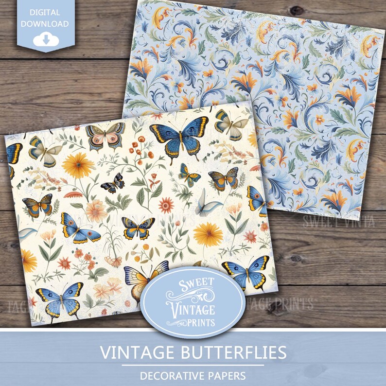 May include: Two digital paper designs featuring vintage butterflies. One design has a white background with blue butterflies and floral accents. The other design has a blue background with gold and blue floral accents. The text "Sweet Vintage Prints" and "Vintage Butterflies Decorative Papers" is included in the image.