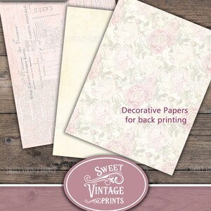 Op de afbeelding: Een digitale download van printbare vintage bloemenpapieren met een roze en wit pioenrozenpatroon. De papieren zijn gelabeld "Decoratieve papieren voor achteraf printen" en maken deel uit van een "Vintage Peonies Folio" junk journal-collectie. De papieren zijn van "Sweet Vintage Prints".
