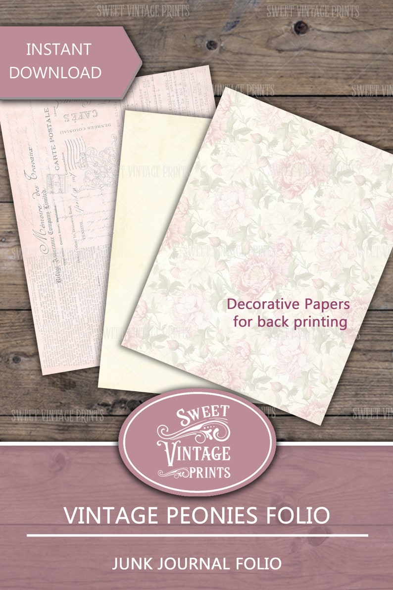 Op de afbeelding: Een digitale download van printbare vintage bloemenpapieren met een roze en wit pioenrozenpatroon. De papieren zijn gelabeld "Decoratieve papieren voor achteraf printen" en maken deel uit van een "Vintage Peonies Folio" junk journal-collectie. De papieren zijn van "Sweet Vintage Prints".