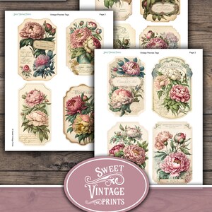 May include: Nine vintage printable tags featuring illustrations of pink and white peonies with text in French and English. The tags are perfect for adding a touch of vintage charm to your crafts and projects.