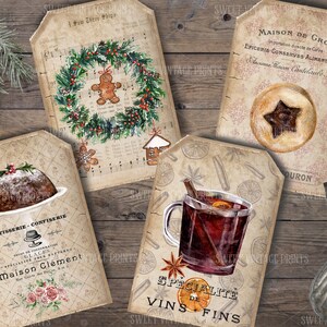May include: Four vintage-style gift tags with a Christmas theme. The tags feature illustrations of a gingerbread man, a Christmas pudding, a glass of mulled wine, and a star-shaped cookie. The tags are decorated with a rustic, vintage aesthetic and include French text.