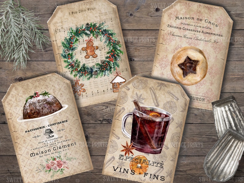 May include: Four vintage-style gift tags with a Christmas theme. The tags feature illustrations of a gingerbread man, a Christmas pudding, a glass of mulled wine, and a star-shaped cookie. The tags are decorated with a rustic, vintage aesthetic and include French text.