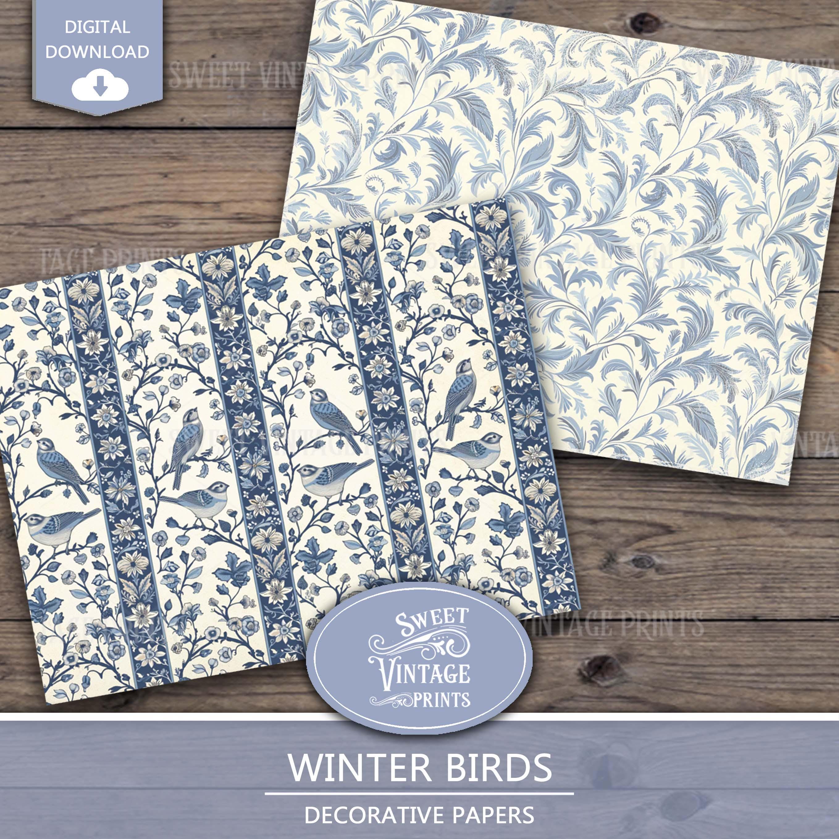 Birds Junk Journal Papers | Winter Digital Paper Pack | Blue Printables ...