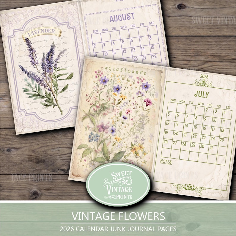K&ouml;nnte beinhalten: Vintage Junk Journal Seiten mit floralen Illustrationen und Kalenderlayouts f&uuml;r Juli und August 2026. Die Seiten zeigen Lavendel- und Wildblumen-Designs mit einem verwitterten, gealterten Aussehen. Der Text "Sweet Vintage Prints" ist ebenfalls sichtbar.