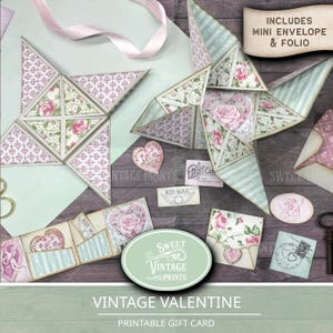 Pode incluir: Uma coleção de artesanato em papel para o Dia dos Namorados em estilo vintage. A imagem apresenta porta-cartões em forma de estrela e coração, mini envelopes e folios. Os designs incorporam padrões florais, cores pastel e o texto "Vintage Valentine".