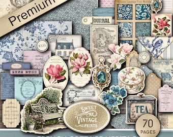 French Cottage Heritage Junk Journal Bundle | Vintage French Blue Digital Paper Download | Printable Ephemera PDF | May 2026 Premium Kit fch