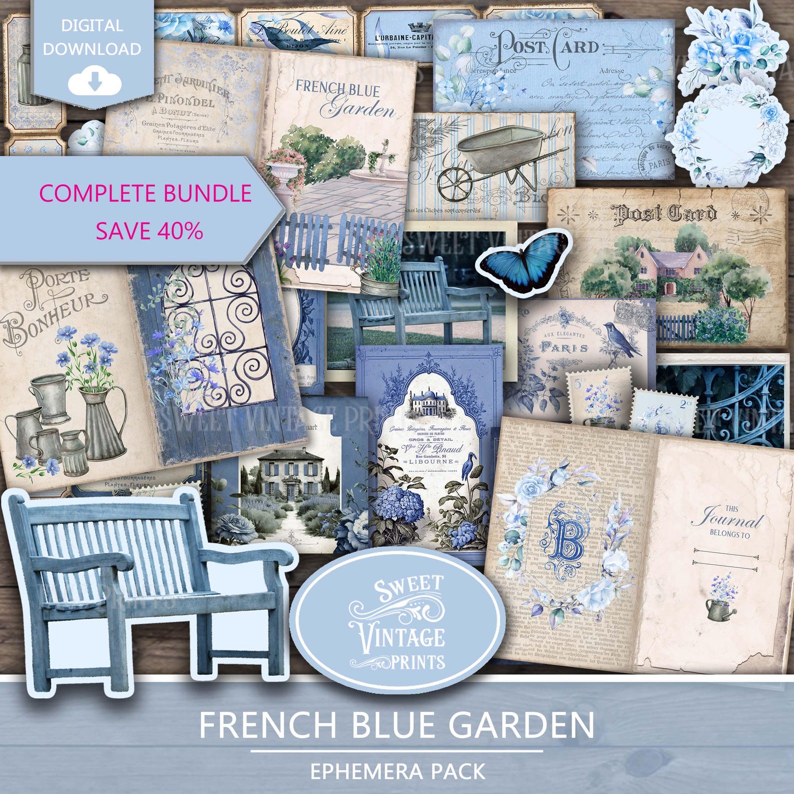 Junk Journal BUNDLE French Blue Garden | Vintage Garden Junk Journal ...
