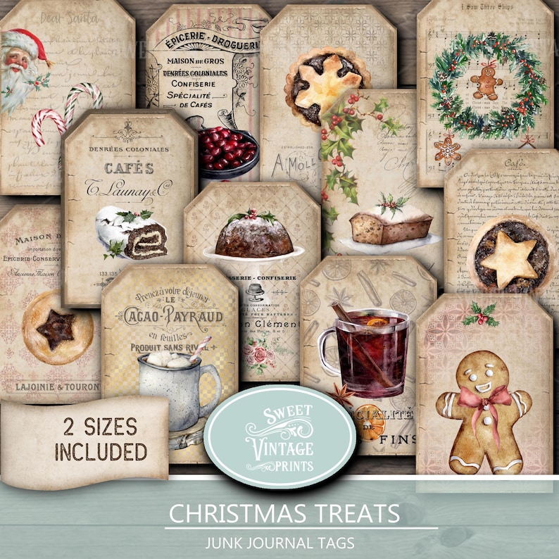 Tags kersttraktaties | Vintage snoepetiketten voor de feestdagen | Efemere digitale download kerstjunkjournaal | Sweetvintageprints afbeelding 1