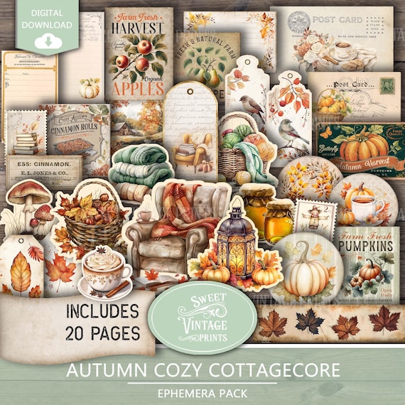 Autumn Junk Journal Ephemera | Fall Cottage Printable Tags Labels | Autumn Cozy Cottagecore Digital Download PDF | Sweetvintageprints | acc