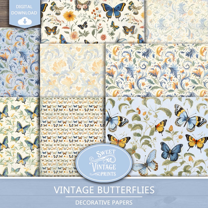 May include: A set of six digital papers featuring vintage butterfly designs. The papers feature a variety of patterns, including butterflies on a floral background, butterflies on a damask pattern, and butterflies on a solid blue background. The papers are perfect for scrapbooking, card making, and other craft projects.