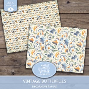 May include: Two digital paper designs featuring vintage patterns. The first design features a white background with a repeating pattern of butterflies in shades of yellow, orange, and brown. The second design features a white background with a repeating pattern of blue and yellow floral swirls.