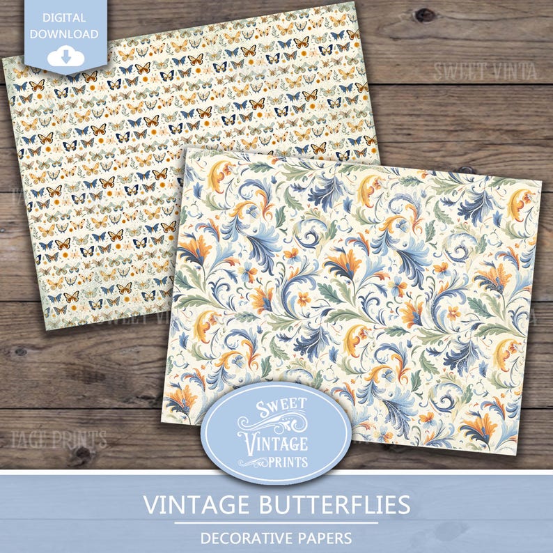 May include: Two digital paper designs featuring vintage patterns. The first design features a white background with a repeating pattern of butterflies in shades of yellow, orange, and brown. The second design features a white background with a repeating pattern of blue and yellow floral swirls.